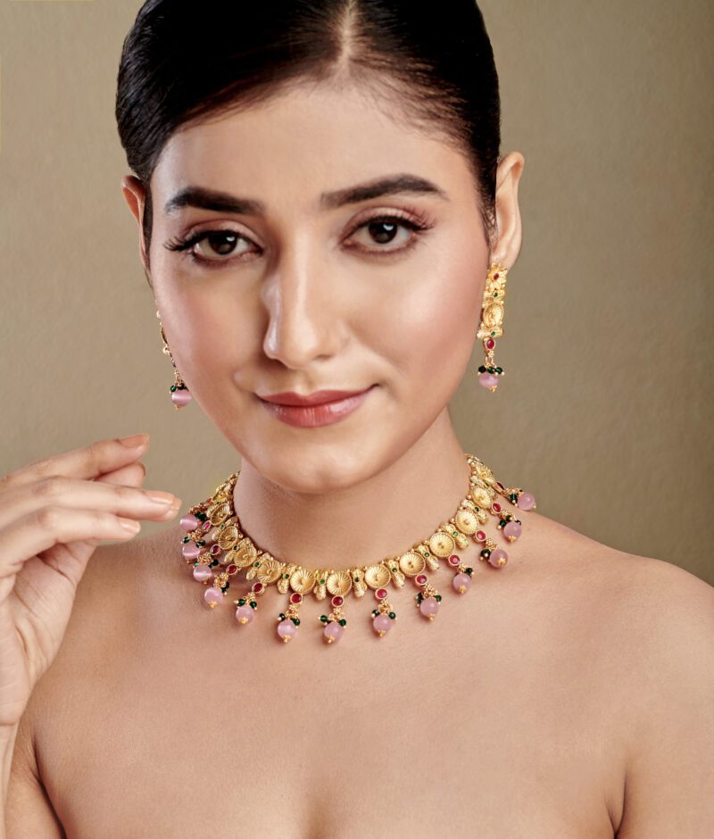 water-drop-pink-moti-matt-finish-gold-delicate-necklace-with-earrings